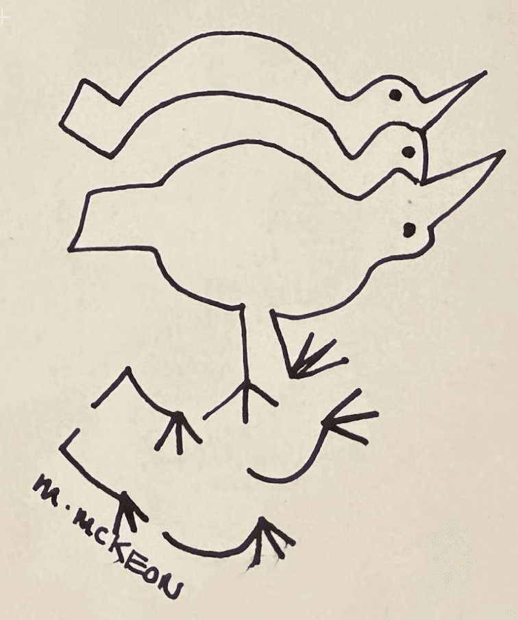 A pen drawing of three birds, signed M. McKeon